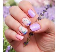 24PCS Pastel Floral Lavender Press On Nails Short Square False Nails with Elegant Nude Pink & Purple Design - Trendy Stick On for Women, Comfortable Tips for Daily & Party Wear