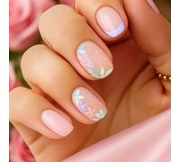 24PCS Pastel Floral Press on Nails with Purple French tips - Short Square Shape False Nails with Delicate Flowers for Women - Easy DIY Art Fresh Manicure and Daily Wear