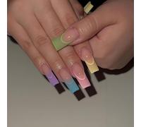 24Pcs Pastel Gradient French Tip Press On Nails Glossy Square Shape Short Artificial Nails For Women - With File & Wooden Stick Easy Application Lasting Wear Everyday Manicure