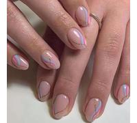 24PCS Pastel Line Press-on Nails, Short Almond French Tip Fake Nails for Women & Girls, Soft Acrylic Full Cover with Beautiful Pastel Line Design, 24 Sizes Stick-On Fake for Effortless Fit
