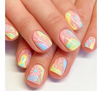 24PCS Pastel Swirl Press on Nails - Colorful Flower Design with Pink, Blue, and Yellow, Short Square False Nails, Glossy Full Coverage, Fake Kit for Women, Easy Apply & Reusable