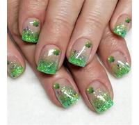 24Pcs Patrick's Day False Nails Short Press On Full Covers Acrylic Artificial Green Shamrock Ornament Irish Acrylic Nail