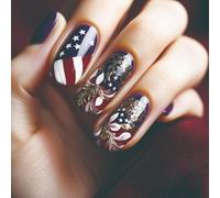 24Pcs Patriotic Floral Designs Short Square Press On Nails Full Covers False Nails For Independence Day Celebrations