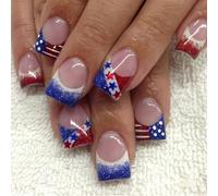 24pcs Patriotic Press On Nails For Women Short French Tips False Nails Manicure With Glitters Stripes Star Designs