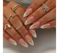 24PCS Pearl White Almond Press On Nails Medium Long French Tip with Golden Line Bow Design Glossy Full Cover Fake Nails for Women Girls ABS Material with Jelly Adhesive Tabs Stylish Look