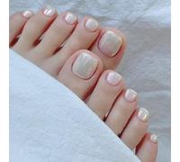 24Pcs Pearl White Press-On Toe Nails, Short Square Iridescent Tips | Soft chrome-pearl sheen shifts Iridescent under light, ideal for sandals, holidays, parties and summer