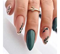 24PCS Phantom Green Press on Nails, Long Almond Fake Nails with Leaf Design, Full Cover Glossy Stick-on, 12 Sizes with Jelly Adhesive Tabs, Eco-Friendly ABS Material