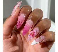24PCS Pink 3D Handmade False Nails Medium Almond - - Summer 3D Press on Nails with Floral Designs - Full Cover Cute Acrylic Pink Glue on Nails Fake Nails Set for Women Girls