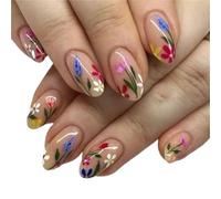 24Pcs Pink Almond Press On Nails Flower Pattern Stick On False Nail