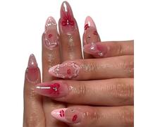 24Pcs Pink Almond Press On Nails Flower Pattern Stick On False Nail
