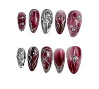 24Pcs Pink Almond Press On Nails Flower Pattern Stick On False Nail