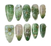 24Pcs Pink Almond Press On Nails Flower Pattern Stick On False Nail
