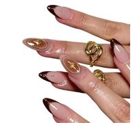 24Pcs Pink Almond Press On Nails Flower Pattern Stick On False Nail