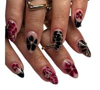 24Pcs Pink Almond Press On Nails Flower Pattern Stick On False Nail