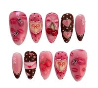 24Pcs Pink Almond Press On Nails Flower Pattern Stick On False Nail