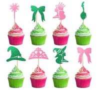 24PCS Pink and Green Cake Cupcake Toppers Decorations Princess and Witch Themed Cupcake Toppers Witch Hat Crown Bow Cakes Food Safe Cake Decorations for Halloween Witchs Themed Birthday Party Supplies