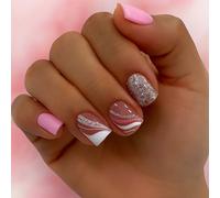 24PCS Pink and White Wave French Tip Press on Nails - Glitter Accent Short Square Full Cover False Nails with Jelly Adhesive Tabs Stick on Nail Art for Women and Girls