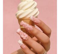 24Pcs Pink Balletcore French Tip Press On Nails With 3D Bow Accents - Long Coffin Fake Nails With Ribbon And White French Tips - Cute Princess Style Stick On Nails For Women (Pearl Pink)