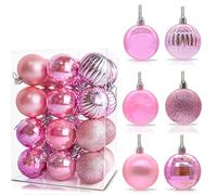 24Pcs Pink Baubles for Christmas Tree, 6cm Shatterproof Plastic Christmas Balls Ornaments with Strings,6 Design Xmas Baubles Hanging Balls for Indoor Outdoor Xmas Holiday Wedding Party Decor