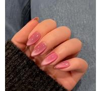24PCS Pink Bling Press On Nails, Almond Short Stick On False Nails with Cat Eye Sparkly Look, 5-in-1 Soft Gel Natural Fit, Full Cover UV Coated ABS Material, Elegant and Trendy Nail Art