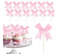 24PCS Pink Bows Cupcake Toppers, 8x8cm Satin Ribbon Bows, Pink Cake Decorations for Wedding, Birthday & Girls' Party, Princess Cake Toppers