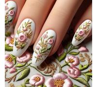 24Pcs Pink Embroidery Press on Nails -, Acrylic Full Cover Coffin Nails, White Medium Ballet Tip Design