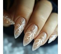 24Pcs Pink False Nails Almond Medium, Glitter French Press on Nails with Snowflakes Design, Stiletto Shiny Ballet Fake Nails, Reusable Full Cover Acrylic Stick on Nail for Women Finger Decorations