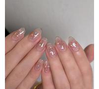 24Pcs Pink False Nails Short - Short Almond Press on Nails - Pink Press on Nails with Sparkles - Removable Cute Nails with Designs, Full Cover Stick on nails for Women Girls