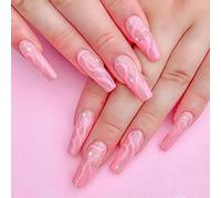 24PCS Pink False Nails with Glue Stickers,Medium Coffin Full Cover Acrylic and Press on Nails no Glue,Starlight Wave French Fake Nails Stick for Women and Girls Nail Art.