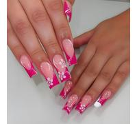 24Pcs Pink Floral Press On Nails with Elegant French Tip Design, 3D Flower Summer Acrylic False Nails for Woman, Reusable Fake Kit with Adhesive Stickers (Glitter Bloom Nails)