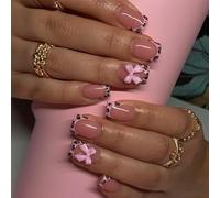24Pcs Pink Flower French Tip Press On Nails - Floral Design Reusable Acrylic Full Cover Nails - 24 Nail Pieces Eco-Friendly With Jelly Tabs And Nail File For Secure 5-Minute Application