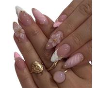 24Pcs Pink Flower Press On Nails Almond Shape Stick On False Nail Set