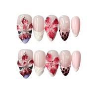 24Pcs Pink Flower Press On Nails Almond Shape Stick On False Nail Set