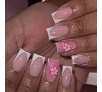 24Pcs Pink Flowers Press on Nails, Short Square French White Tips False Nails, Spring Summer Floral Artificial Acrylic Full Cover Glue on Nails for Women and Girls Daily Wear, Natural & Reusable