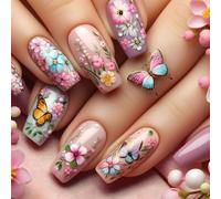 24Pcs Pink French Press on Nails, Medium Coffin False Nails with Cute Butterfly Flowers Design, Natural Removable Full Cover Fake Nails Stick on in 12 Sizes, Manicure Kit for Women Girls Daily Wear