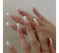 24PCS Pink French Press on Nails,Medium Length Square White Edge Fake Nails,Romantic and Elegant Coffin False Nails,Glossy and Full Cover Acrylic Nails for Women