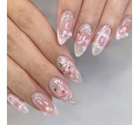 24pcs Pink French Tip False Nails Long Almond 3D Flower Press On Nails