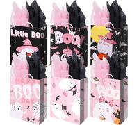 24Pcs Pink Ghost Boo Paper Gift Bags and 24 Sheets Tissue Paper, Cute Girly Halloween Party Bags with Handle Candy Goodie Bags for Halloween Baby Shower Trick & Treat Party Supplies