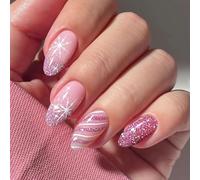 24PCS Pink Glitter Almond Press On Nails - Nude Pink Christmas Acrylic False Nails with Snowflake & Candy Stripe Design, Glossy Reusable ABS Stick-On with Jelly Adhesive for Winter Holiday Look