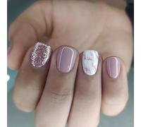 24PCS Pink Glitter Short False Nails Set, White Marble Press-On Nails with Jelly Adhesive & Nail File, Full Cover Fake Nails for Women - Nail Art Accessory