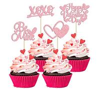 24Pcs Pink Glitter Valentine's Day Cupcake Toppers Pink Glitter Love Heart Be Mine Cupcake Picks Valentine's Day Theme Wedding Engagement Party Cake Decorations Supplies