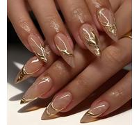 24PCS Pink Gold French Tip Nails - Medium Almond Shape & Shiny 3D Design - Reusable ABS with Jelly Adhesive Tabs Press On Nail Set for Women Ideal for Daily, Work & Date Looks