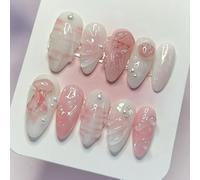 24PCS Pink Marble Press On Nails with Pearl Charms - Medium Almond Shape - Summer False Nail Set with Accessory Tools, Shiny Glossy Finish, Lightweight and Comfortable, Reusable and Durable