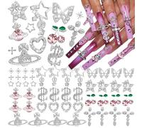 24Pcs Pink Nail Art Charms, 3D Metallic Nail Gems Featuring Cross Cherry Symbol and Heart Designs, Punk Chic Sweet Cool Decorations for Trendy Manicures (Sliver)
