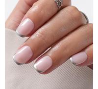 24PCS Pink Nude French Tip Press on Nails - Short Square Shape with Silver Edge, Full Cover Reusable Acrylic Gl-ue-On Nails for Women & Girls, Handmade Nail Tips in Multiple Sizes