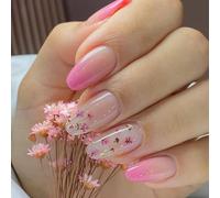24pcs Pink Ombre Oval Press On Nails with Dried Flower & Gold Foil Accents - Long Almond False Nails Full Cover Fake Art Stickers for Women, Glossy & Elegant Manicure Stickers for Daily Wear,