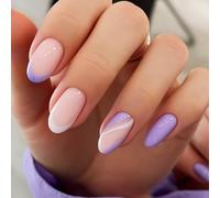 24PCS Pink Purple Press On Nails - French Tip Ombre False Nails - Short Almond Stick On Nails with Sparkle Detail for Women Daily Wear Party