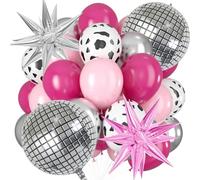 24pcs Pink Silver Balloons Set, with Colorful Balloons, Explosive Stars, Disc, Cow, Pink Ribbon, for Girls Theme Party/Birthday/Wedding/Anniversary Decorations