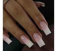 24PCS Pink White Ombre Press on Nails - Long Coffin French Tip Fake Nails - Gradient Full Cover Stick on Nail Set - Eco-Friendly ABS Material - 12 Sizes with Accessory Tools - Easy to Apply for Women