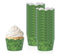 24pcs Pixel Cupcake Wrappers, Video Game Themed Cupcake Liner Wrapping Green Grass Cup Cake Holder Wraps for Boys Girls Birthday Party Cake Dessert Decoration